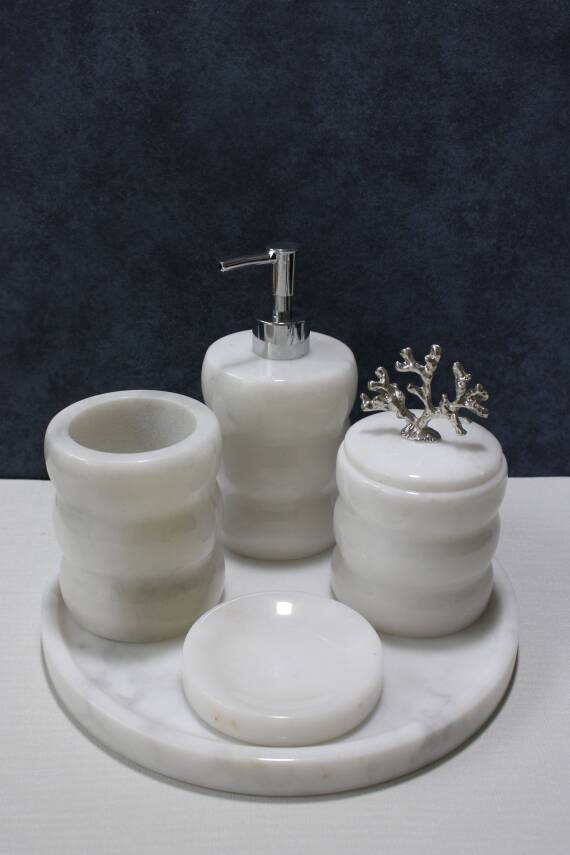 Beyaz Mermer 5'li Banyo Seti - Boğumlu Model - 2