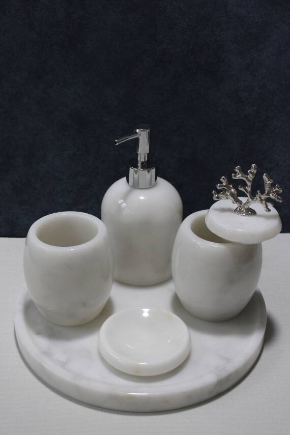 Beyaz Mermer 5'li Banyo Seti - Oval Model - 3