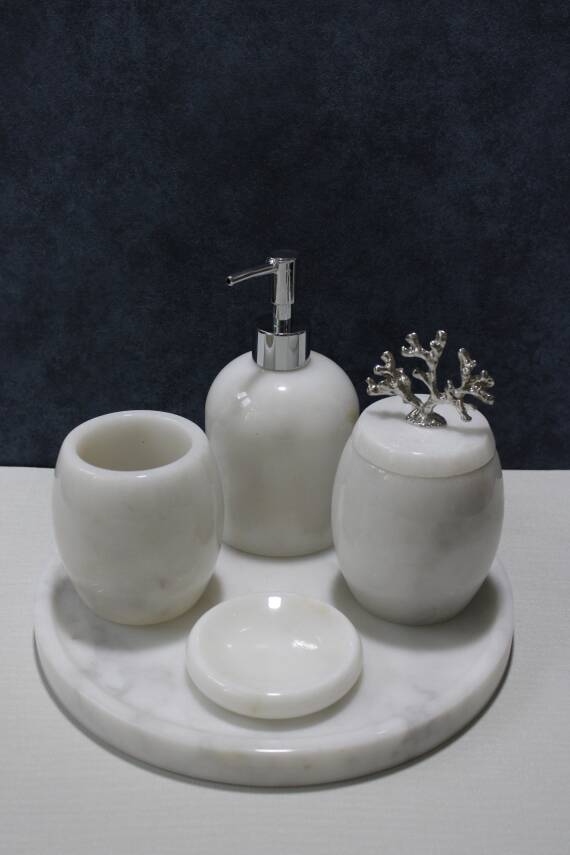 Beyaz Mermer 5'li Banyo Seti - Oval Model - 2