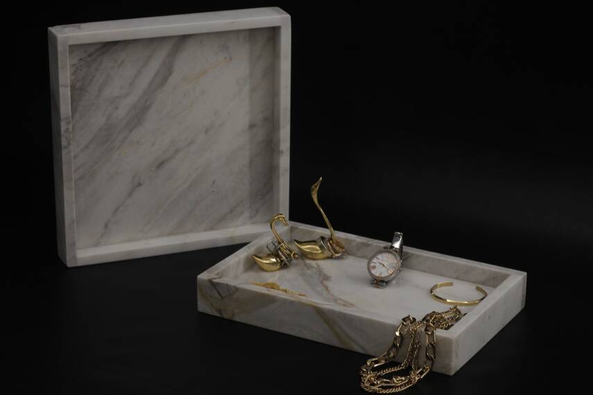 Beyaz Mermer Dekoratif Tepsi - 2'li Takım - 1