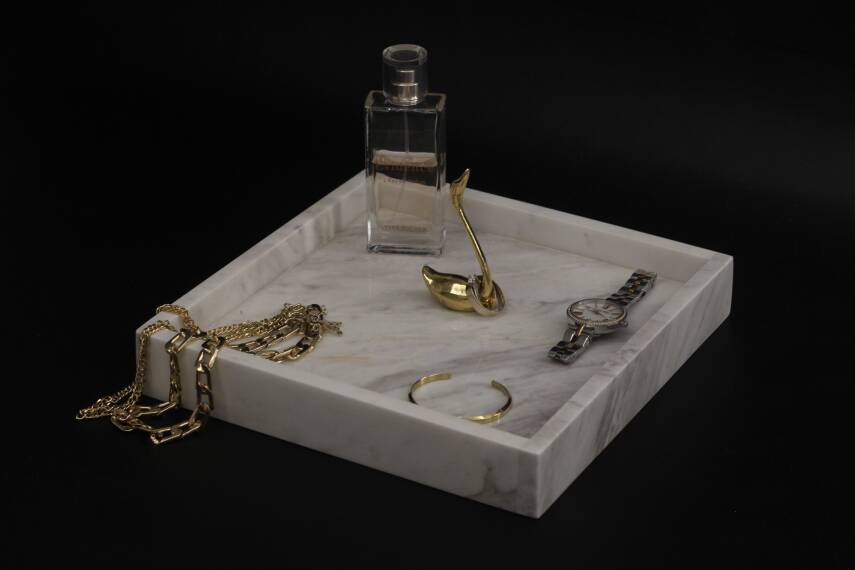 Beyaz Mermer Dekoratif Tepsi - Kare - 1