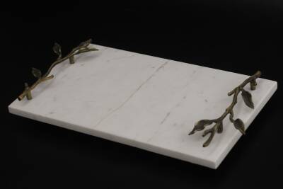 Dal Kulplu Beyaz Mermer Dekoratif Tepsi - 