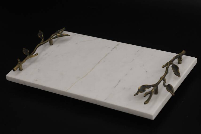 Dal Kulplu Beyaz Mermer Dekoratif Tepsi - 1