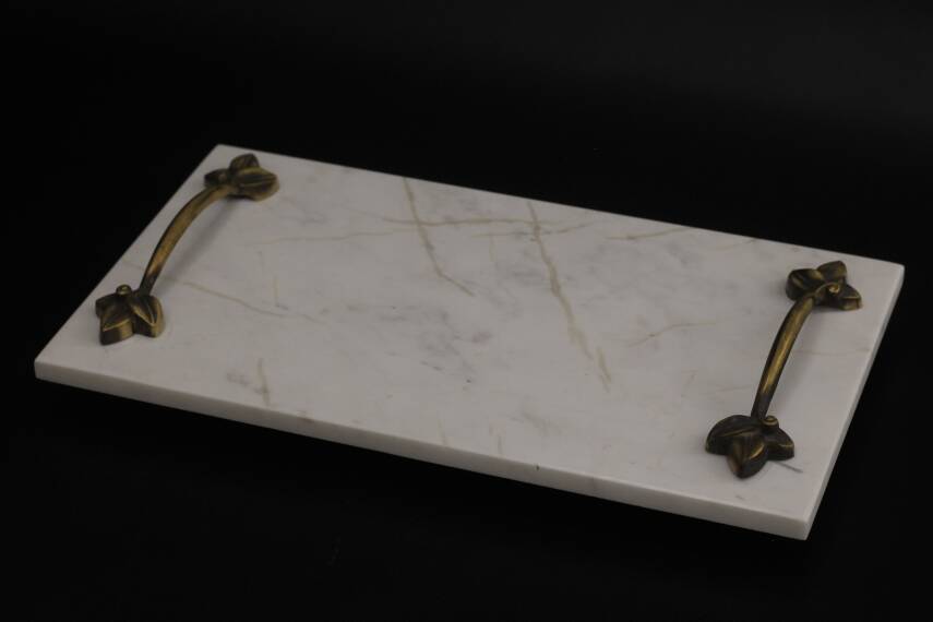 Lale Kulplu Beyaz Mermer Dekoratif Tepsi - 1