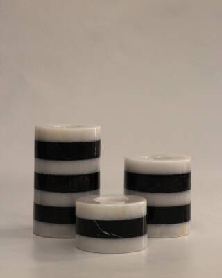 Siyah-Beyaz Mermer 3'lü Mumluk Seti | Yuvarlak Model - 