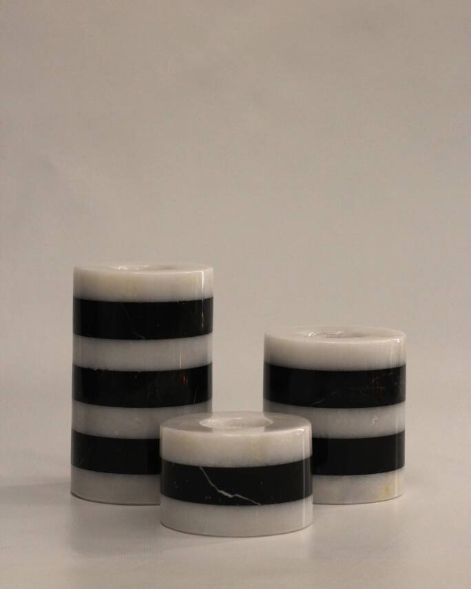 Siyah-Beyaz Mermer 3'lü Mumluk Seti | Yuvarlak Model - 1