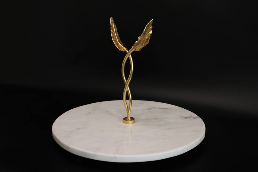 Yaprak Detaylı Beyaz Mermer Sunumluk - Gold - 1